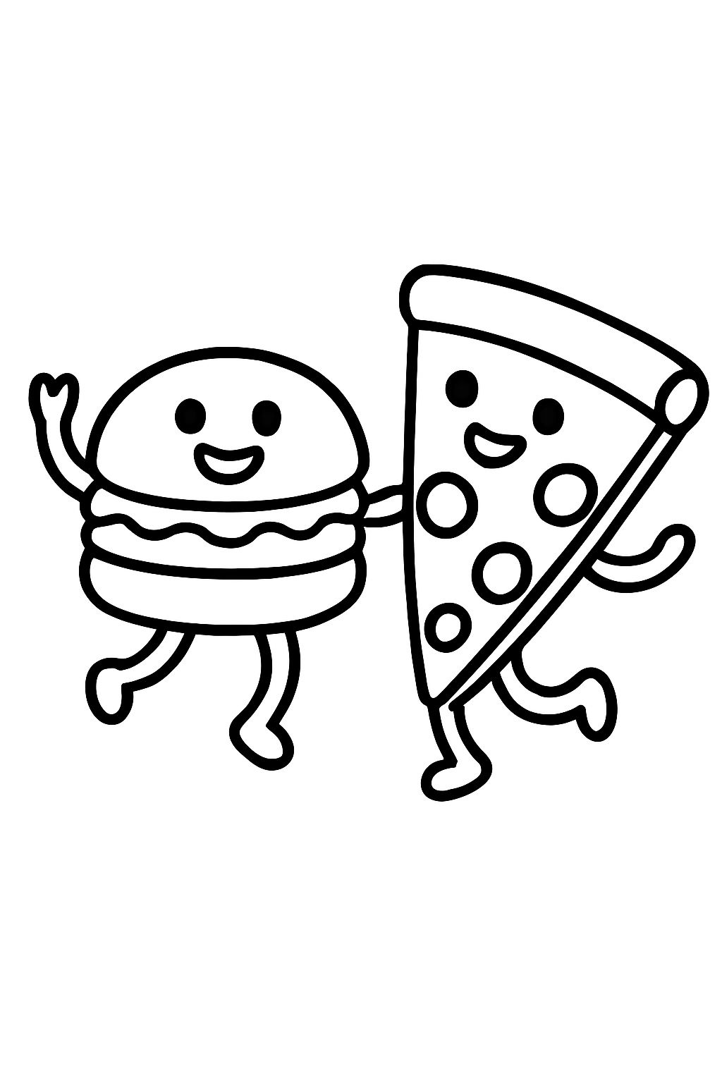 Ein Hamburger, der mit einer Scheibe Pizza tanzt.