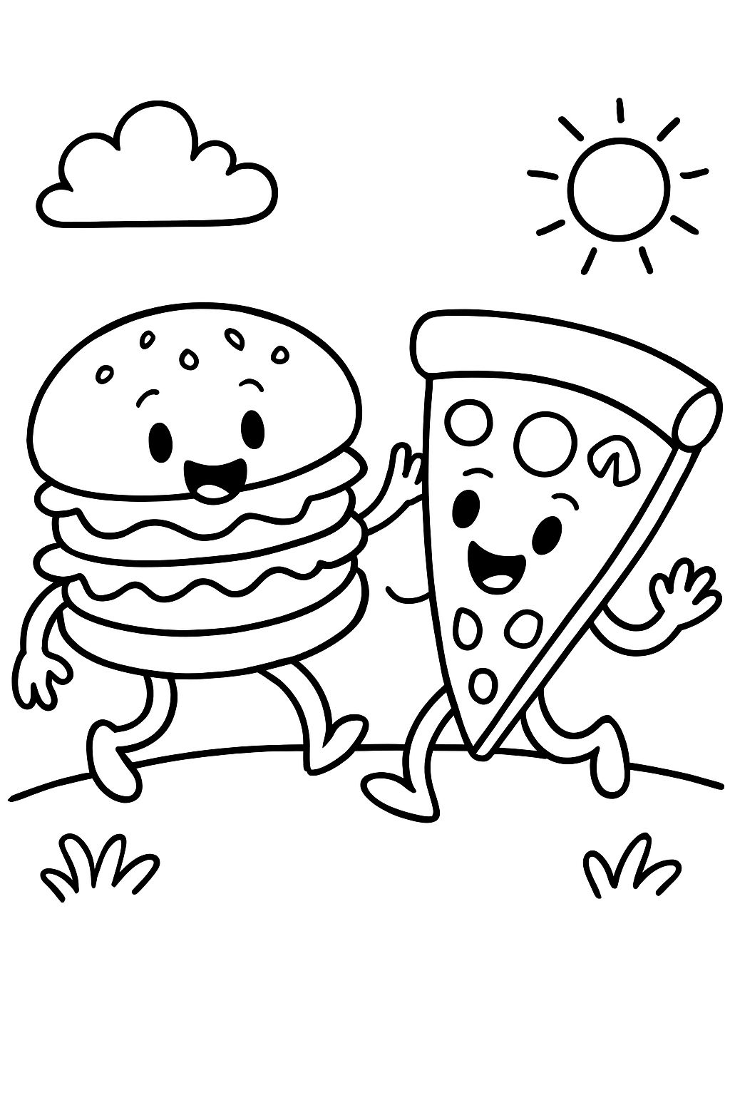 A hamburger dancing with a slice of pizza.
