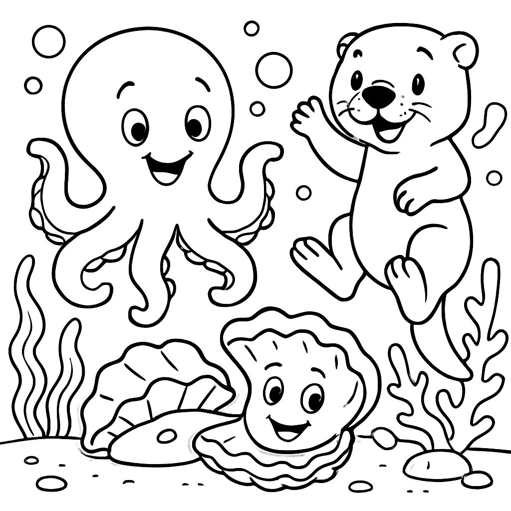 pieuvre, huître, loutre sous l'eau pieuvre, huître, loutre sous l'eau