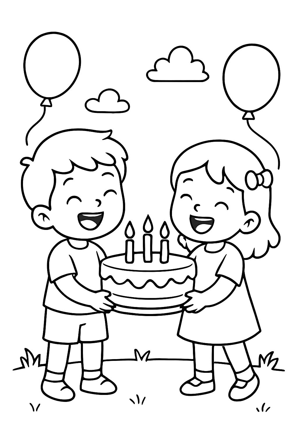 Niños (varón y mujer) agarrando una torta en el centro, celebrando. Con globos en los costados. Niños (varón y mujer) agarrando una torta en el centro, celebrando. Con globos en los costados.