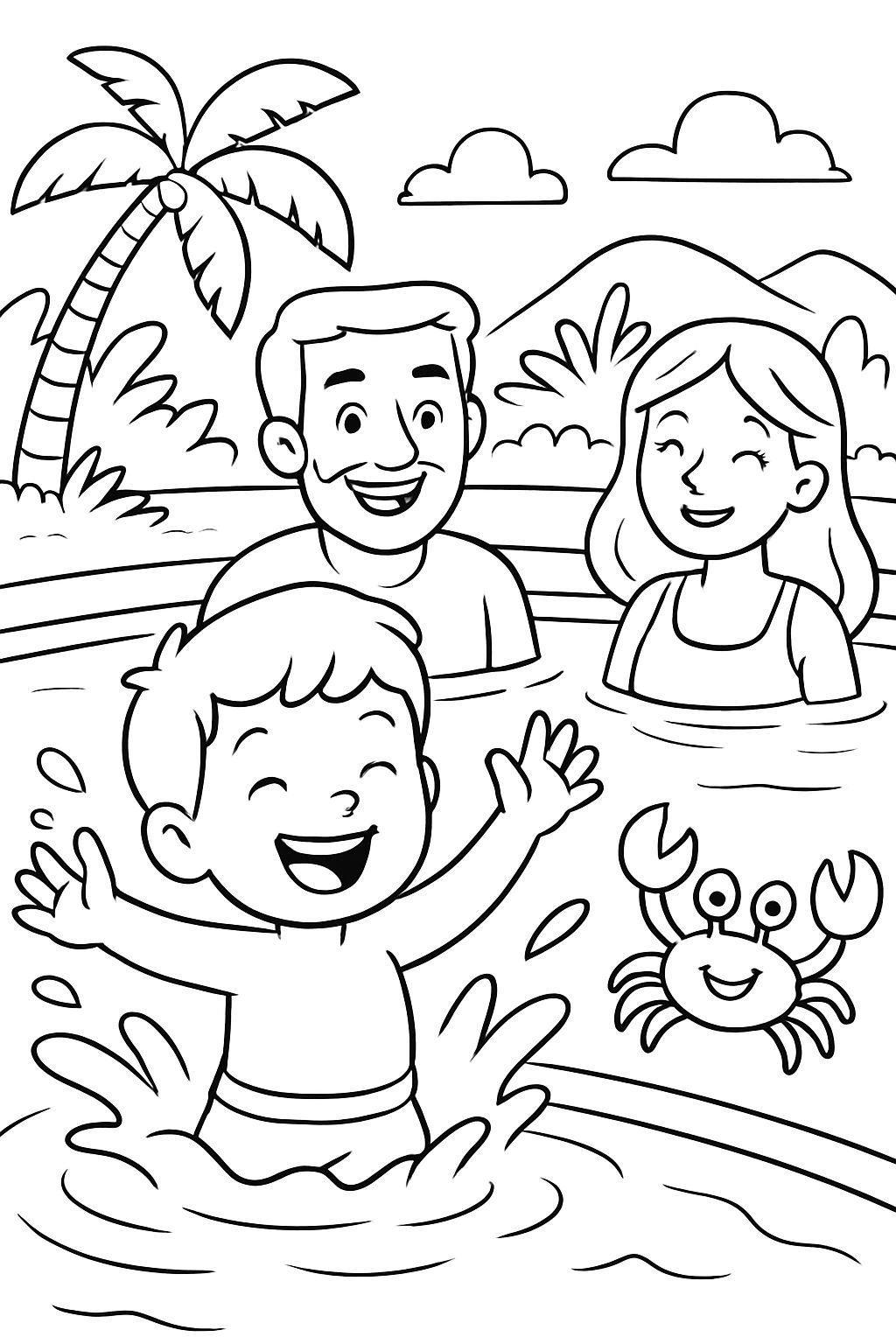 Un niño jugando en una piscina en Kauai con sus padres y un cangrejo.