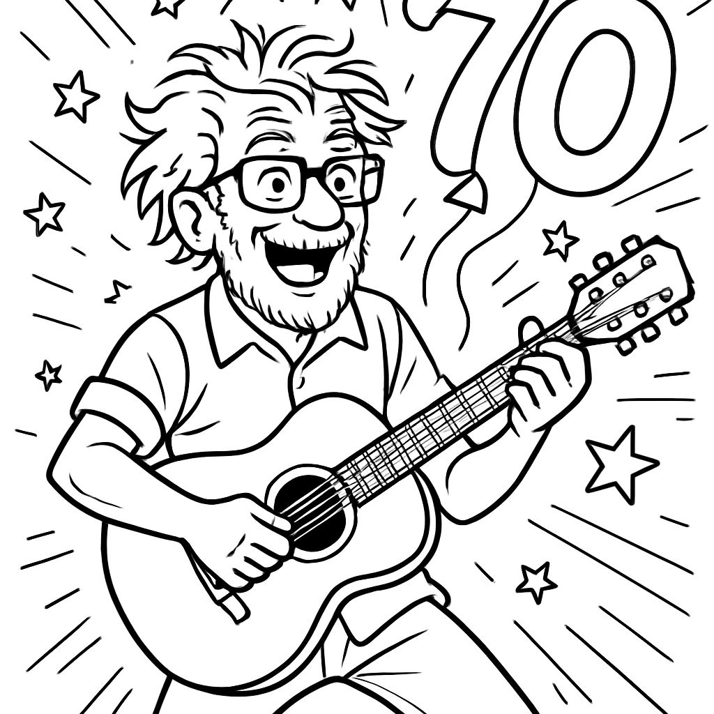 An elderly man celebrating his 70th birthday. He is playing the guitar, wearing glasses, and has a bit messy hair. An elderly man celebrating his 70th birthday. He is playing the guitar, wearing glasses, and has a bit messy hair.