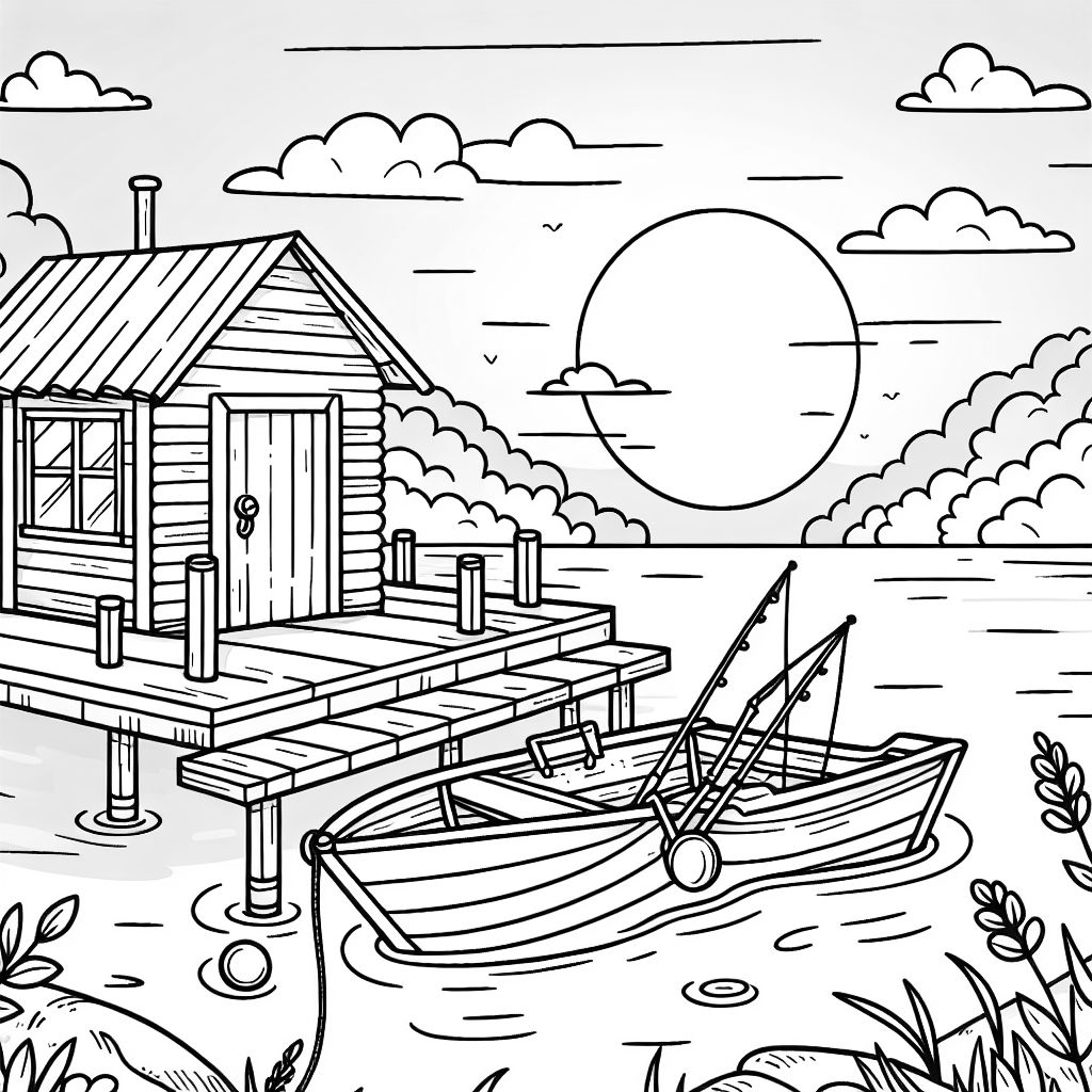 Un petit bateau amarré près d'un chalet au bord du lac avec des cannes à pêche et un coucher de soleil. Un petit bateau amarré près d'un chalet au bord du lac avec des cannes à pêche et un coucher de soleil.