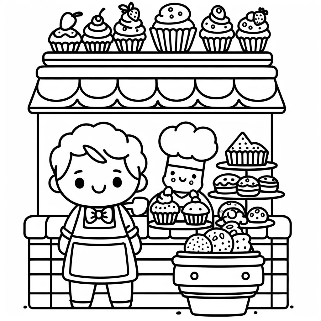 Una pequeña panadería con una vitrina de cupcakes, galletas y un panadero amigable. Una pequeña panadería con una vitrina de cupcakes, galletas y un panadero amigable.