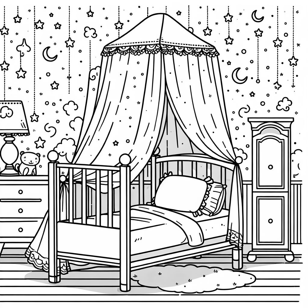 Une chambre avec un lit à baldaquin, du papier peint étoilé et une atmosphère de rêve. Une chambre avec un lit à baldaquin, du papier peint étoilé et une atmosphère de rêve.