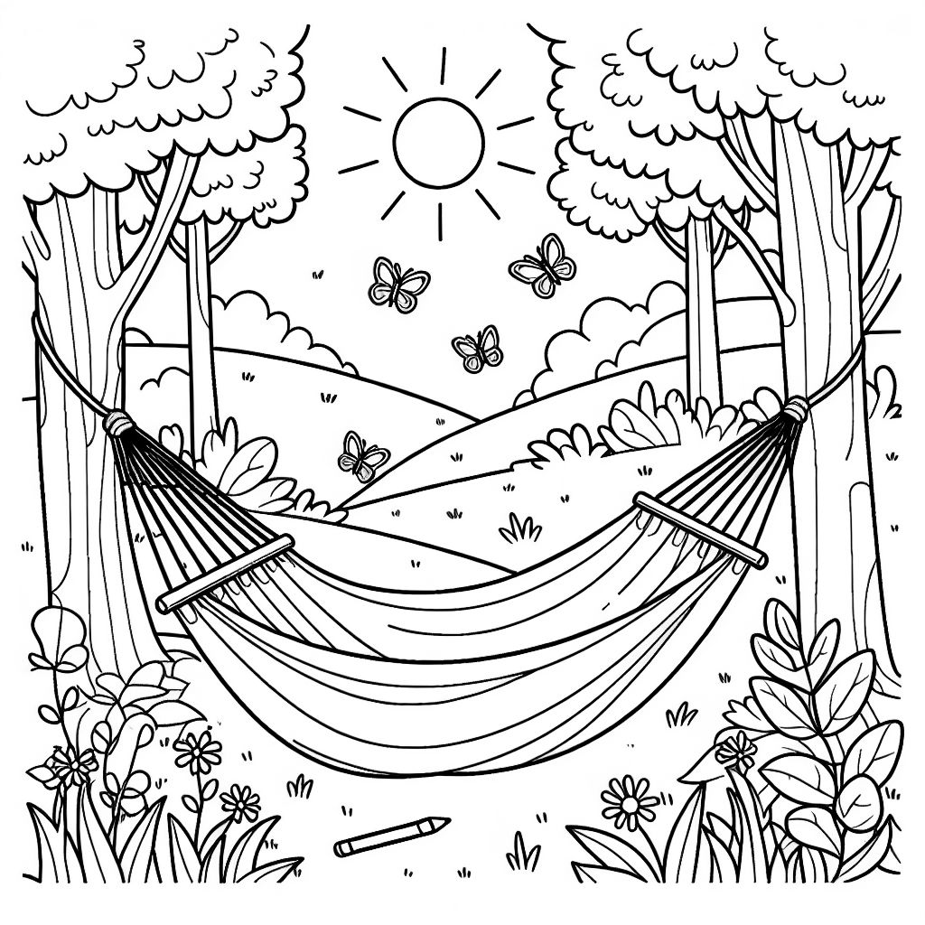 Un hamac entre deux arbres dans un jardin ensoleillé avec des papillons qui volent autour. Un hamac entre deux arbres dans un jardin ensoleillé avec des papillons qui volent autour.