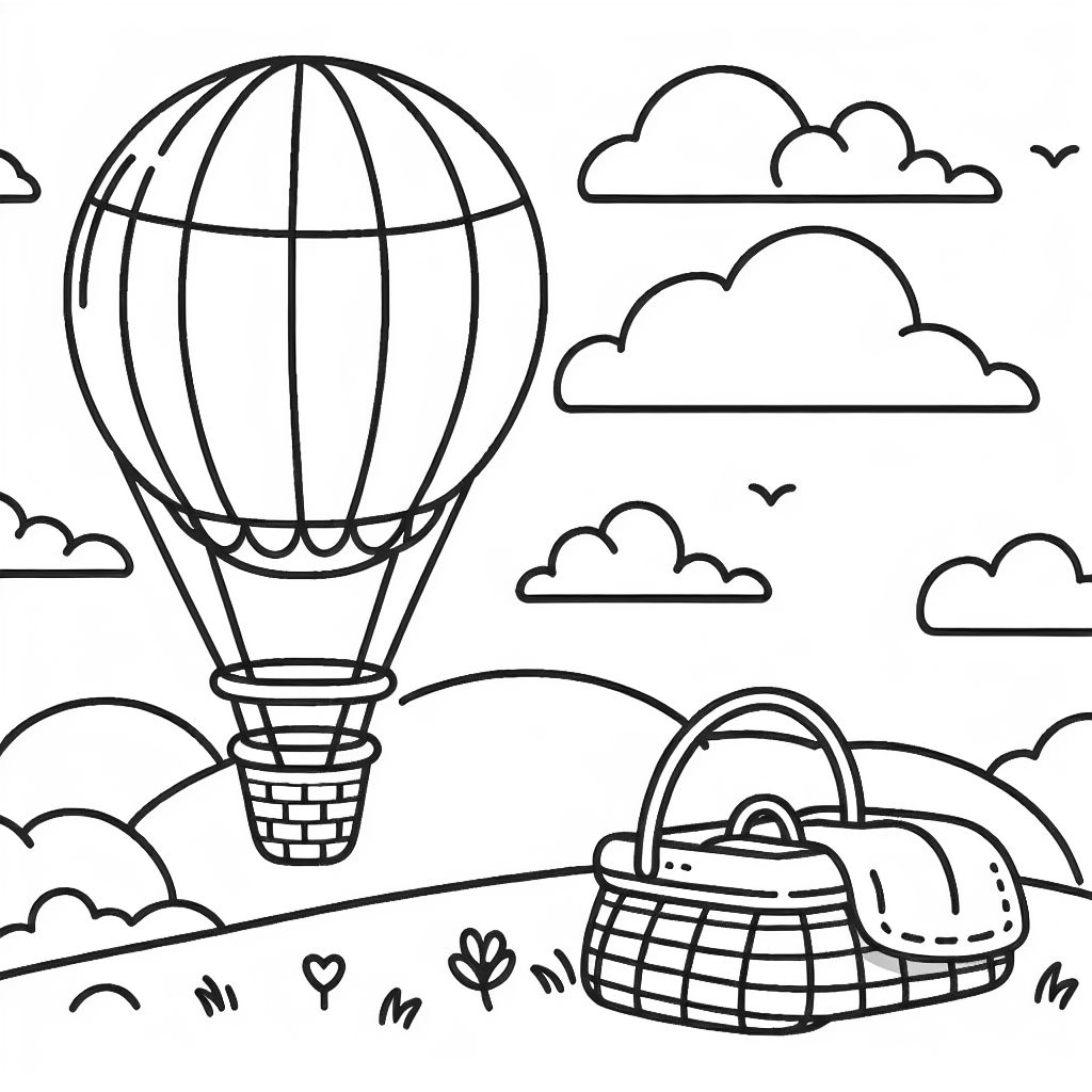 Une montgolfière avec un panier de pique-nique, des couvertures et une vue sur des nuages moelleux. Une montgolfière avec un panier de pique-nique, des couvertures et une vue sur des nuages moelleux.