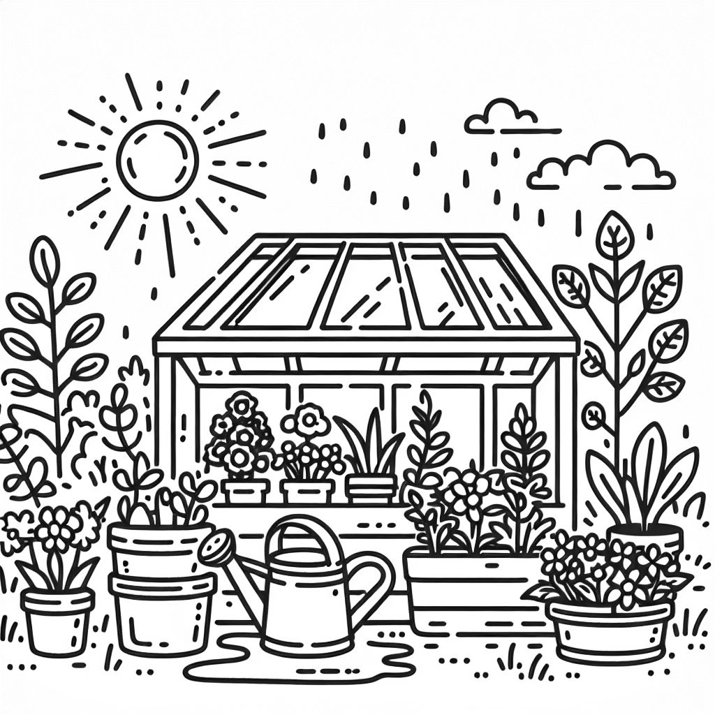 Une petite serre remplie de plantes en pot, d'un arrosoir et de la lumière du soleil qui entre. Une petite serre remplie de plantes en pot, d'un arrosoir et de la lumière du soleil qui entre.
