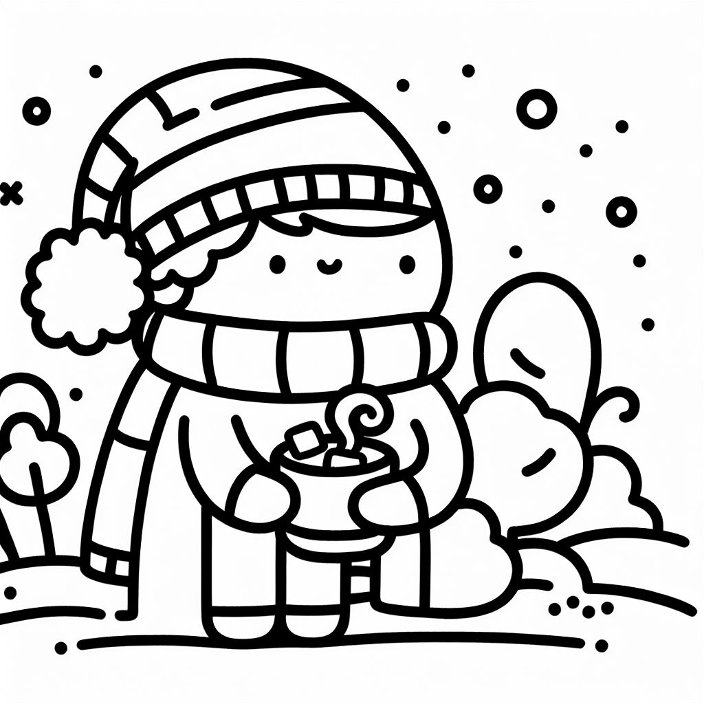 Une scène d'hiver avec une personne emmitouflée dans une écharpe, tenant du chocolat chaud avec des guimauves. Une scène d'hiver avec une personne emmitouflée dans une écharpe, tenant du chocolat chaud avec des guimauves.