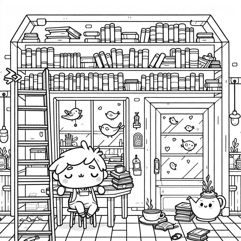 Una pequeña librería con estanterías de libros, una escalera y un librero dormido. Una pequeña librería con estanterías de libros, una escalera y un librero dormido.