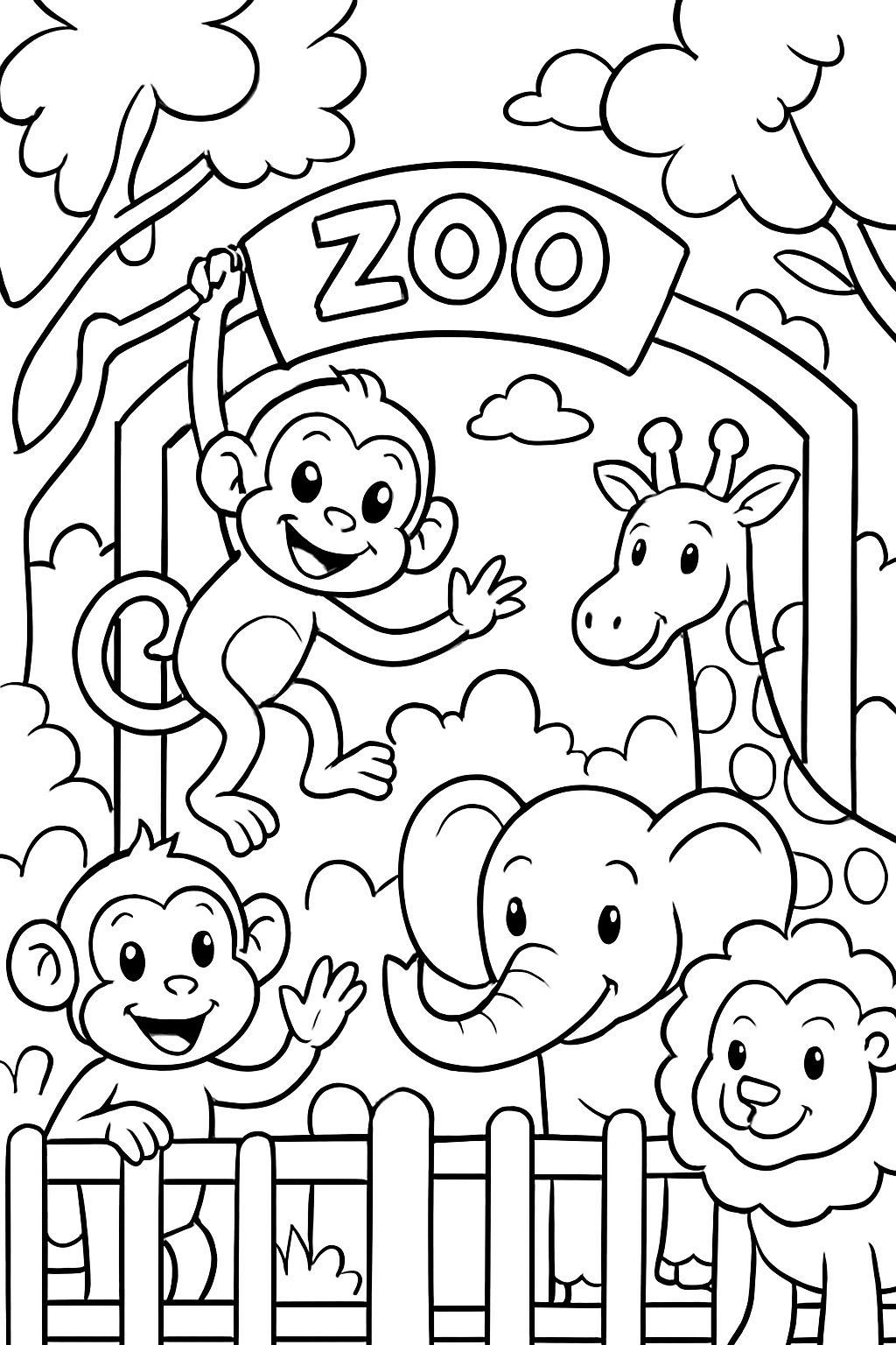 Entrée du zoo avec des animaux et des singes