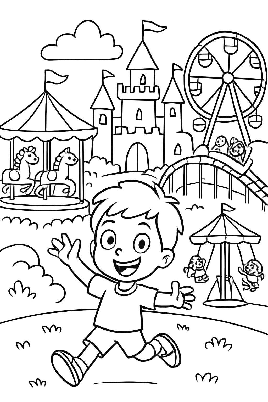 amusement park with castle and a lot of rides