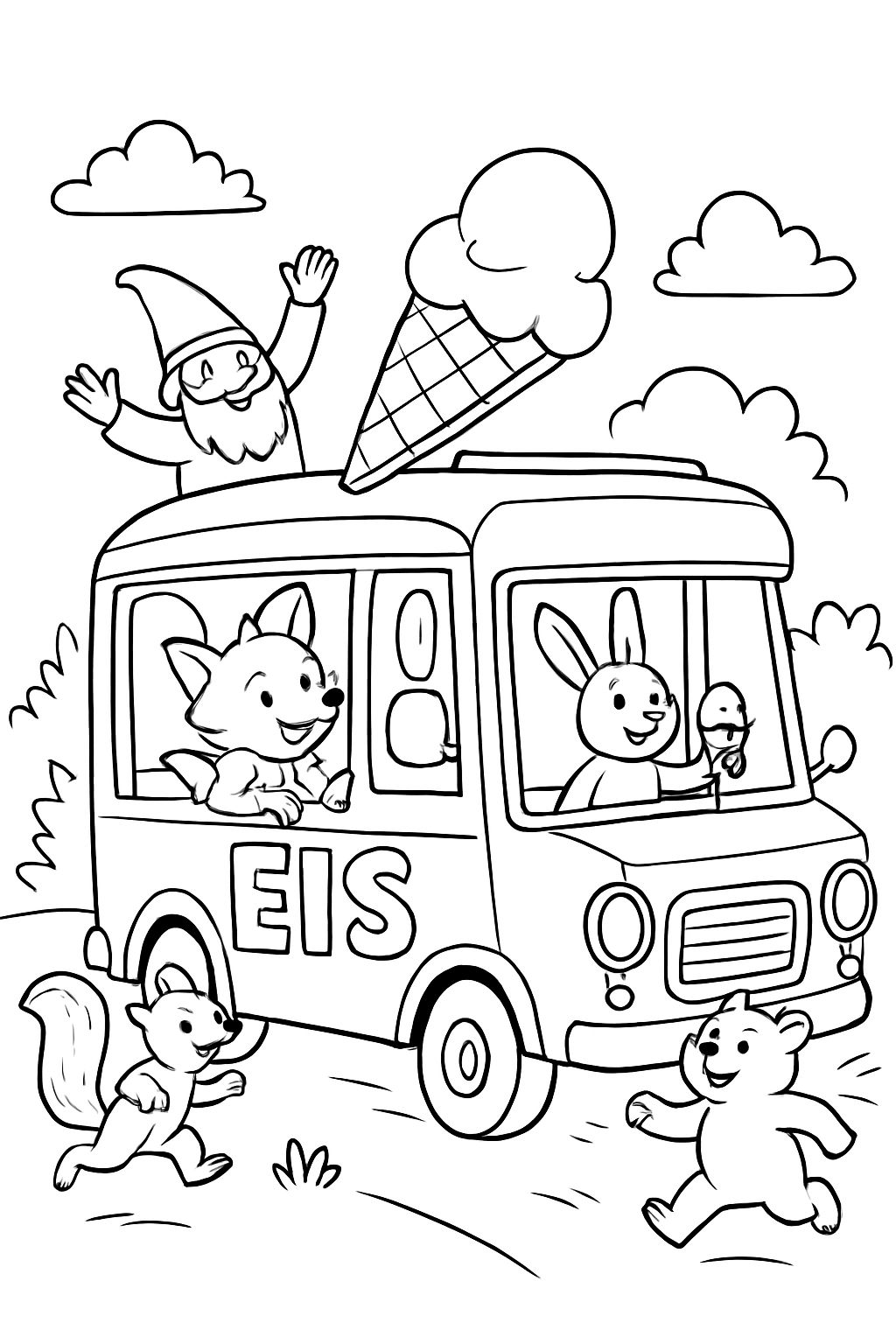 Eiswagen mit Tieren und Wichtel Eiswagen mit Tieren und Wichtel