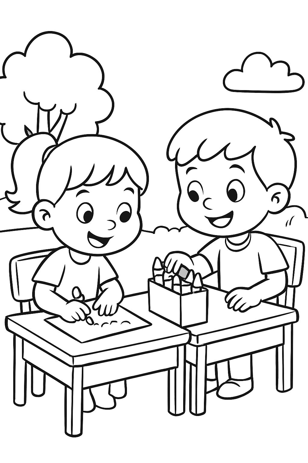 Children at a desk drawing and sharing a box of colored pencils.