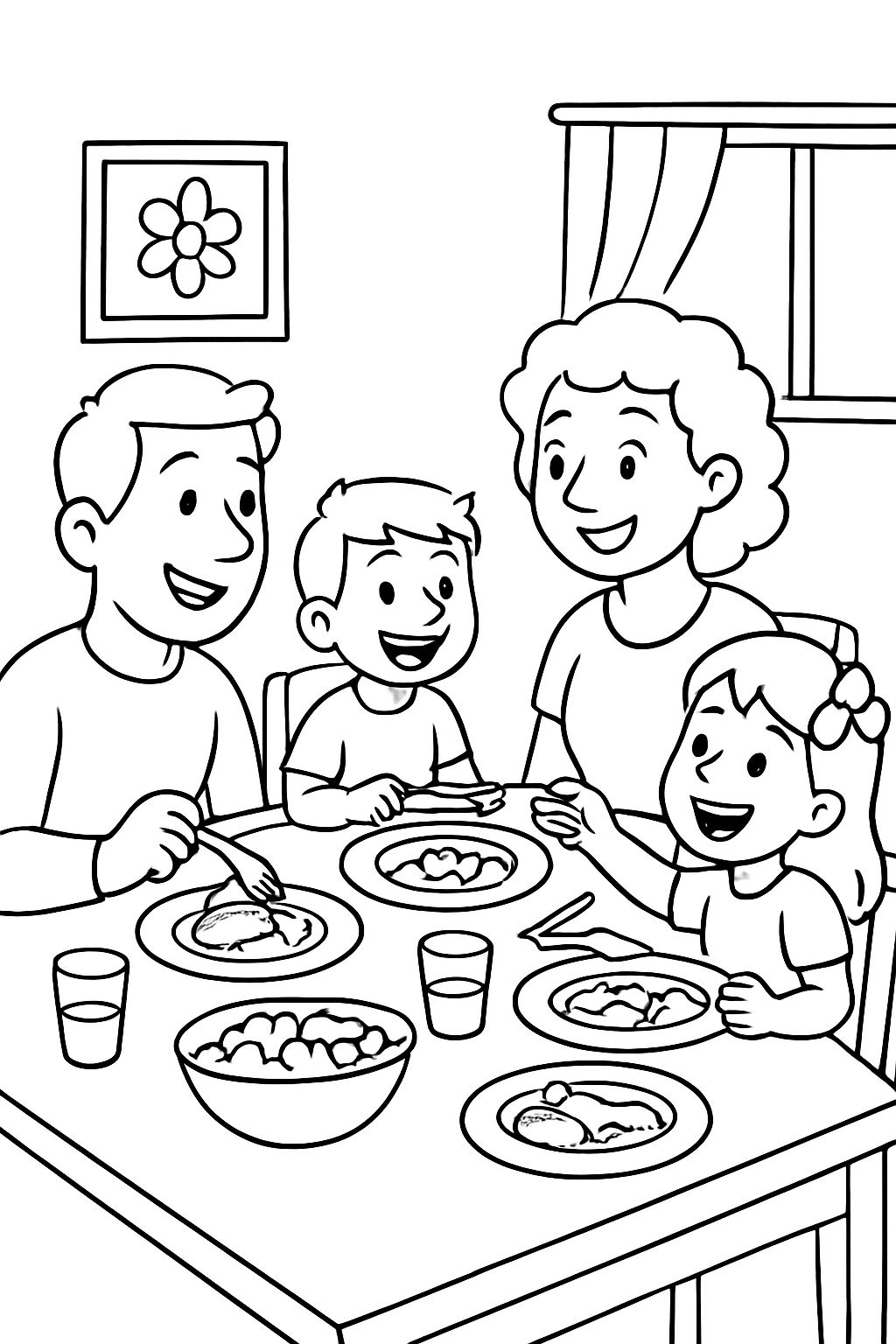 2 pais e 2 crianças no jantar. Família