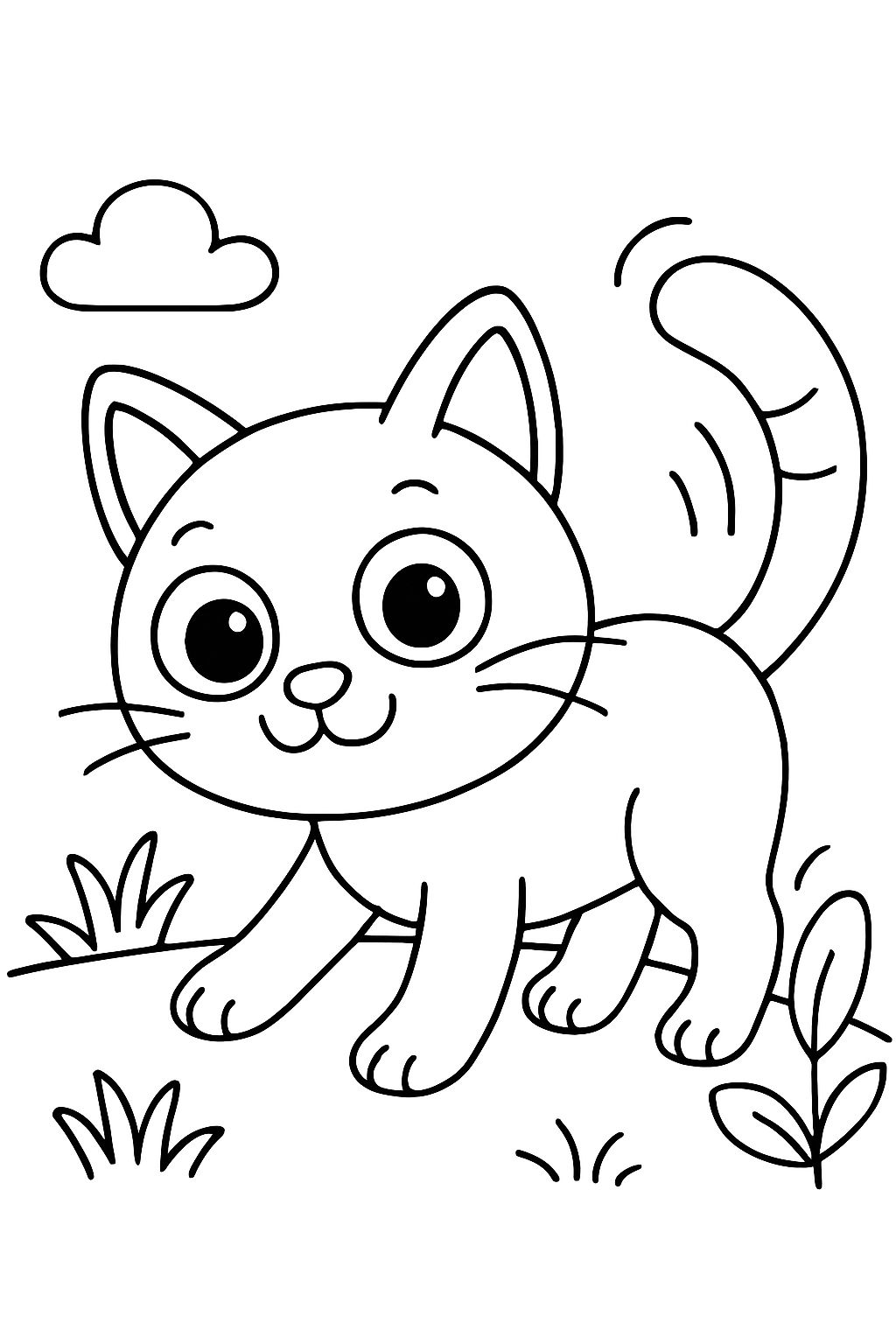 Un chat qui remue la queue, prêt à chasser et avec de grands yeux.