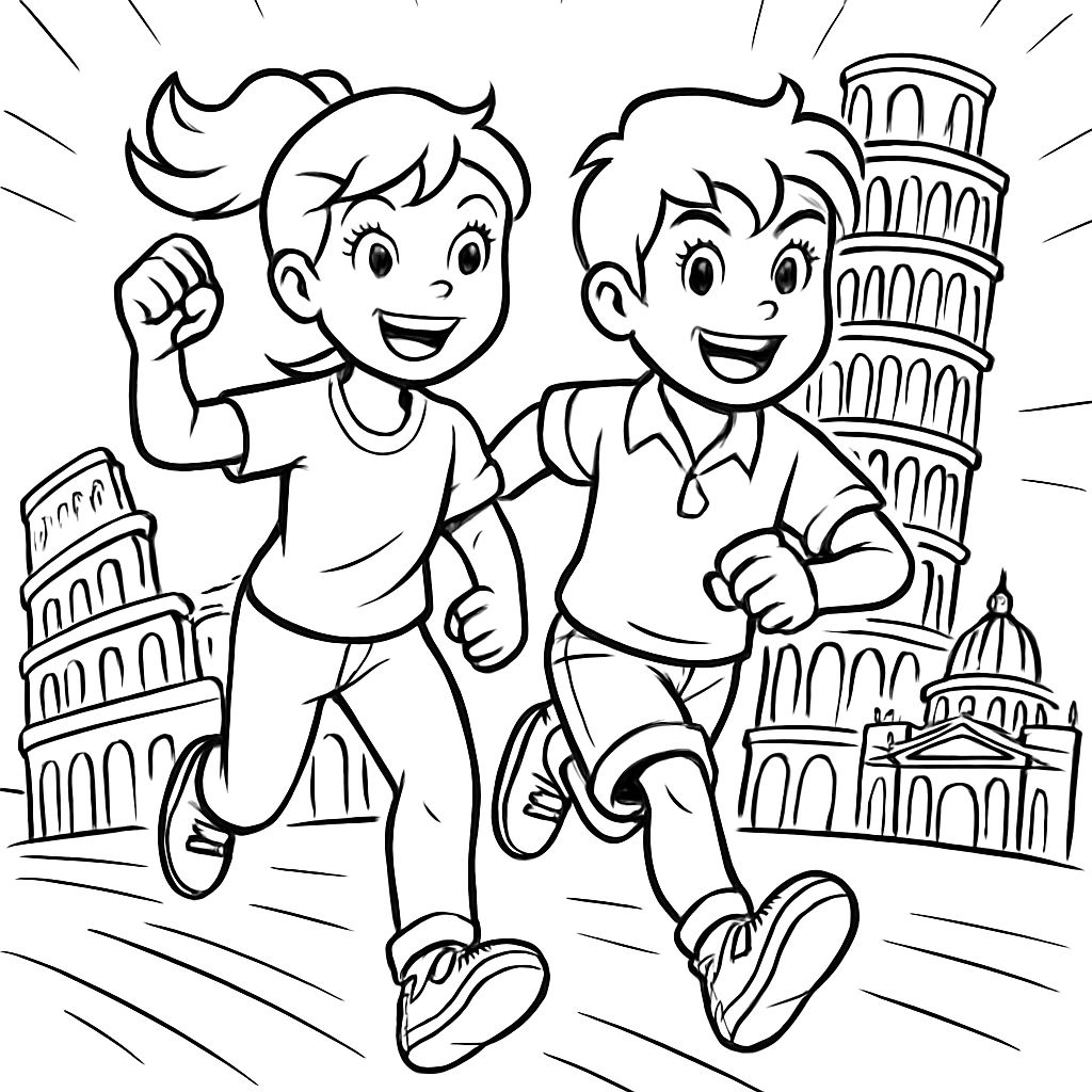 A boy and girl with Italian landmarks behind them. A boy and girl with Italian landmarks behind them.