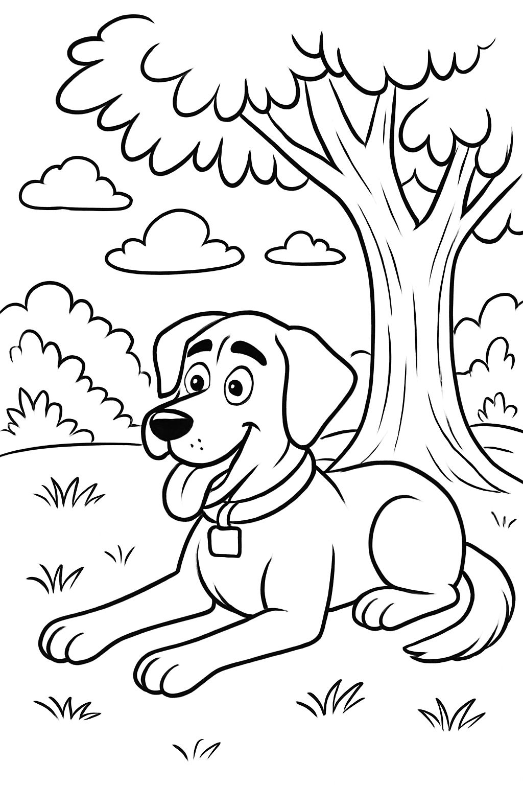 A lab dog with eyebrows laying under a tree.