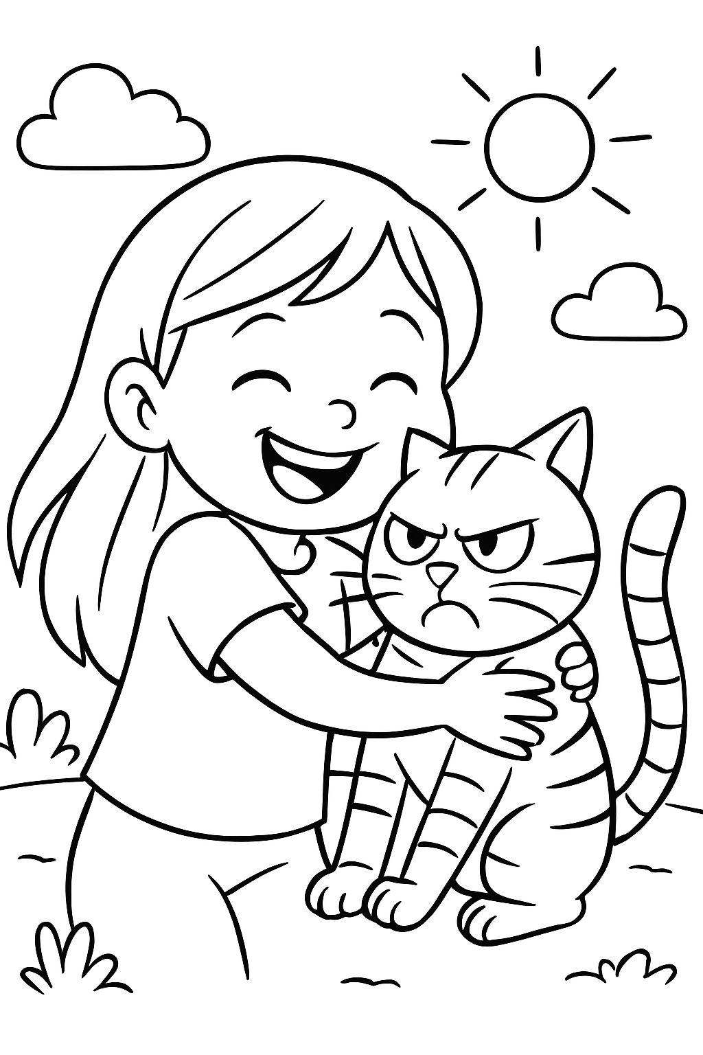 A little girl with long hair, cuddling her striped scared and angry cat.