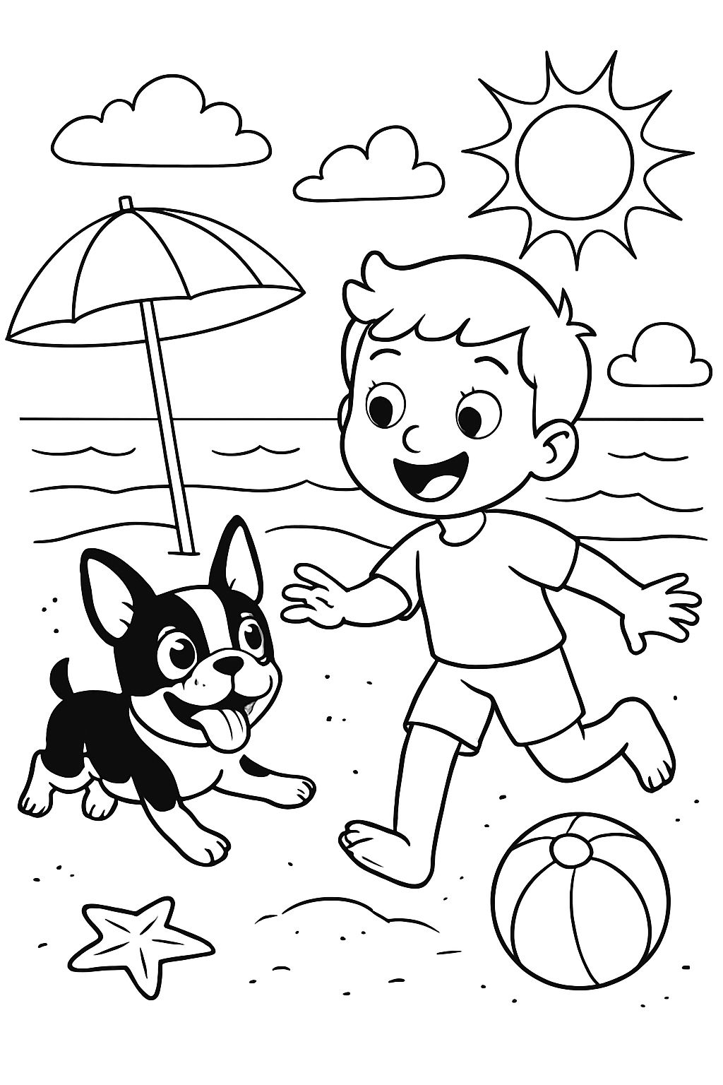 boston terrier at the beach with a 6 year old boy