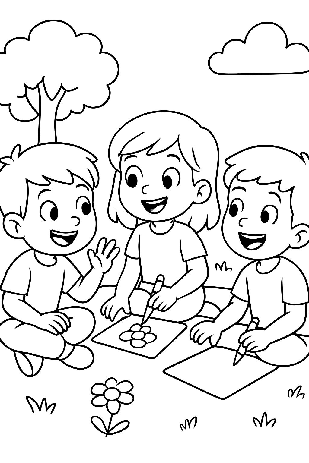 Children talking and coloring while sitting.
