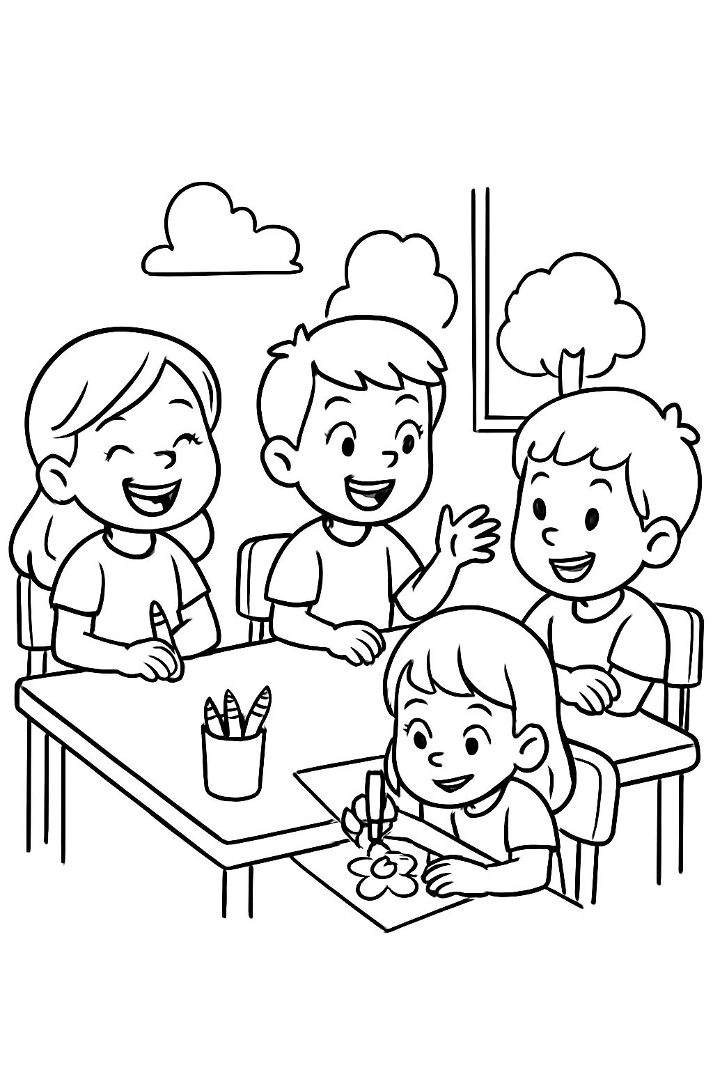 Children sitting at a table talking or coloring.