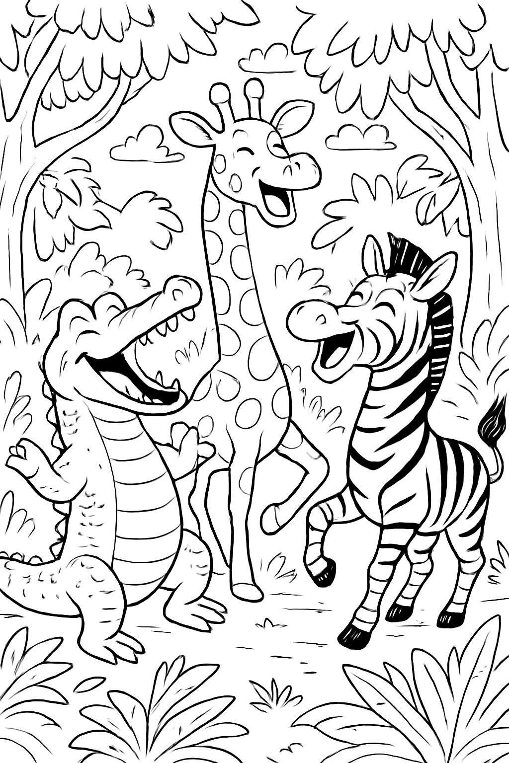 Crocodilo, girafa e zebra riem na selva