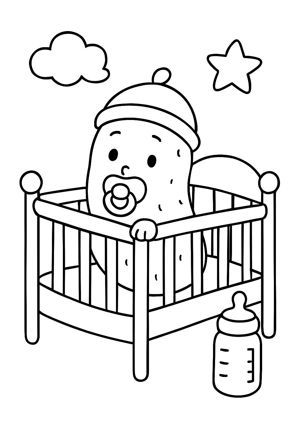 baby pickle in crib with a soother and bottle