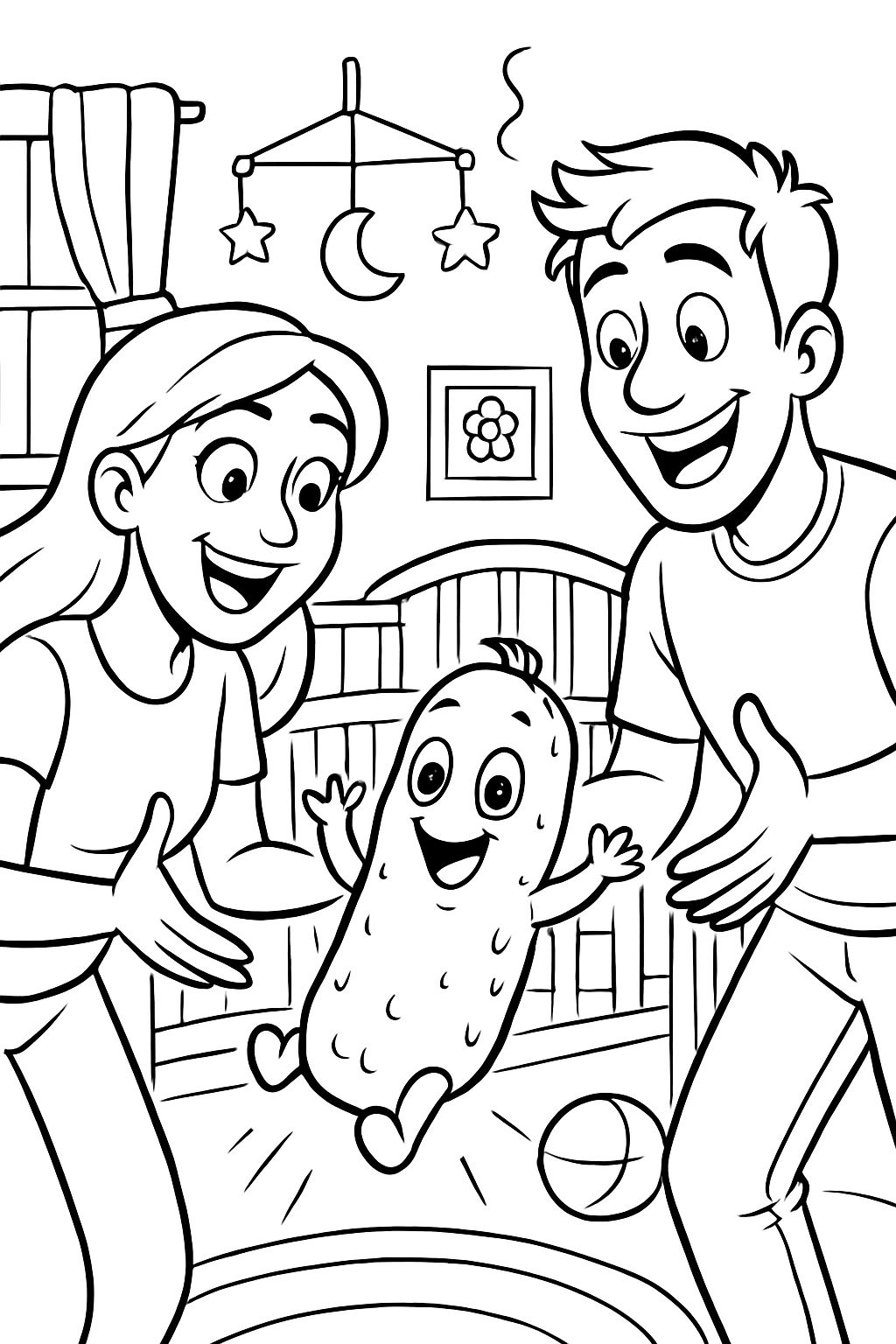 Eltern begrüßen ihr Baby Gurke in dessen Kinderzimmer