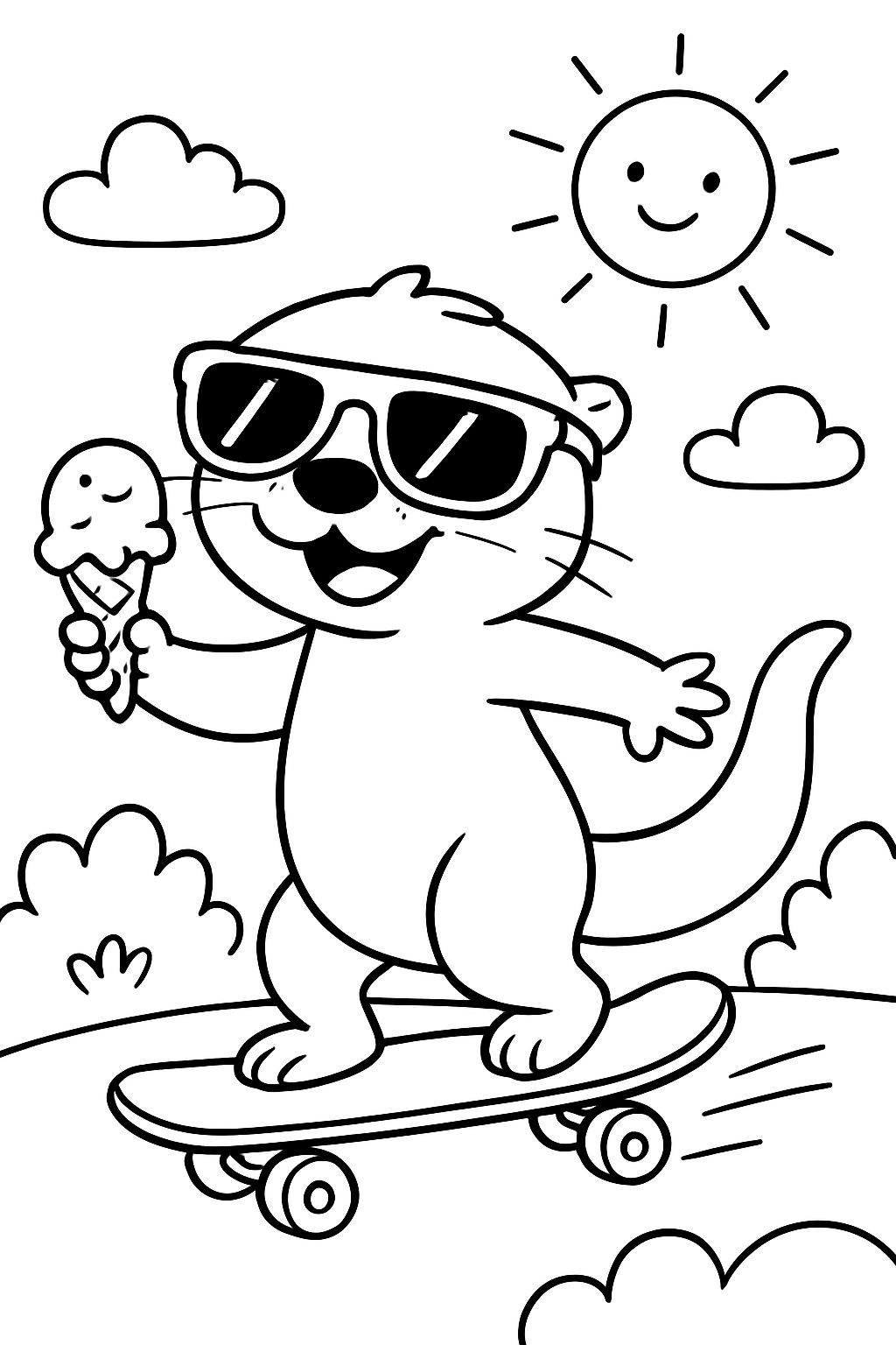 Otter with ice cream in hand and sunglasses riding a skateboard