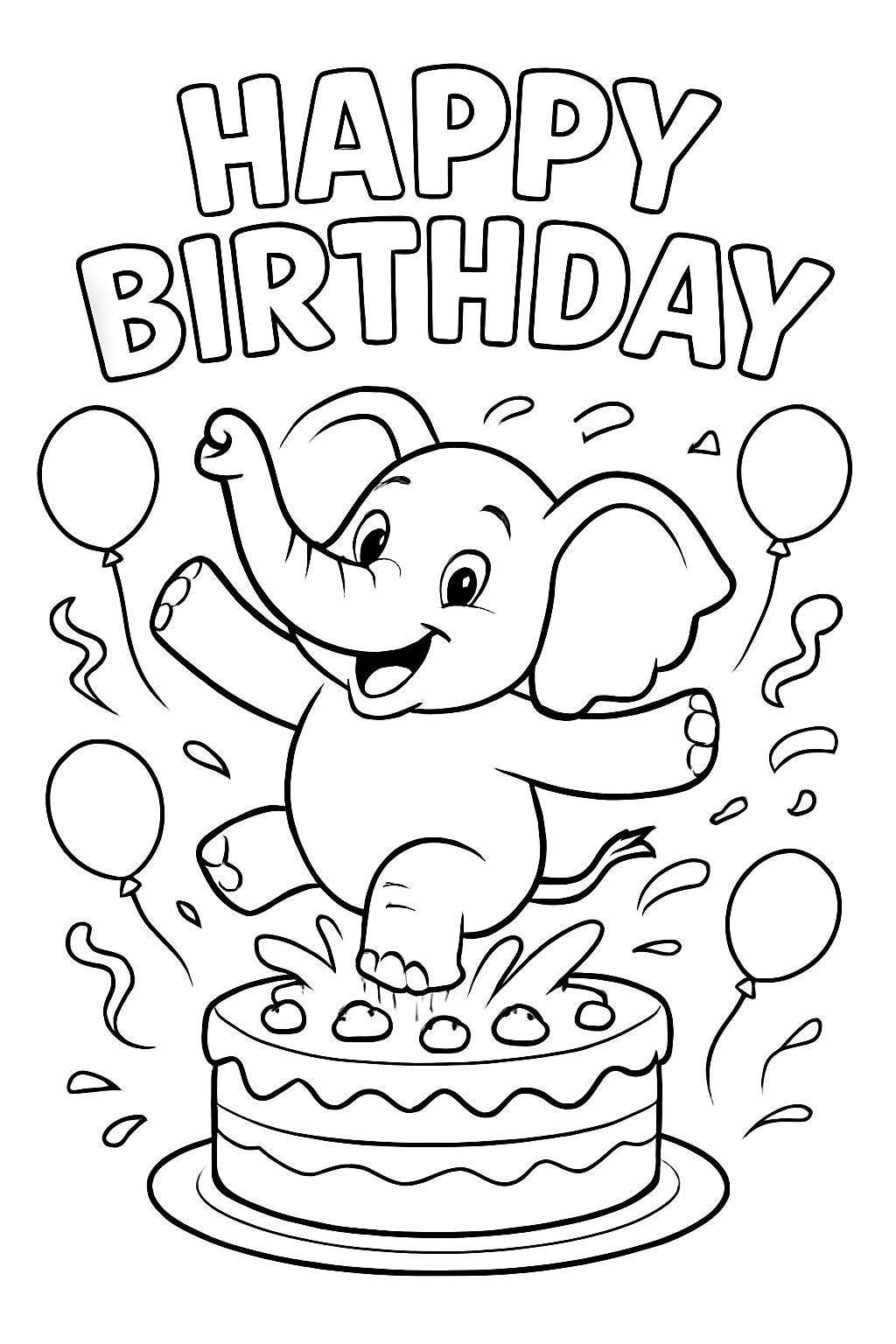 Elephant jumps into birthday cake. Above it is written in Hubble font "Happy Birthday" Elephant jumps into birthday cake. Above it is written in Hubble font "Happy Birthday"