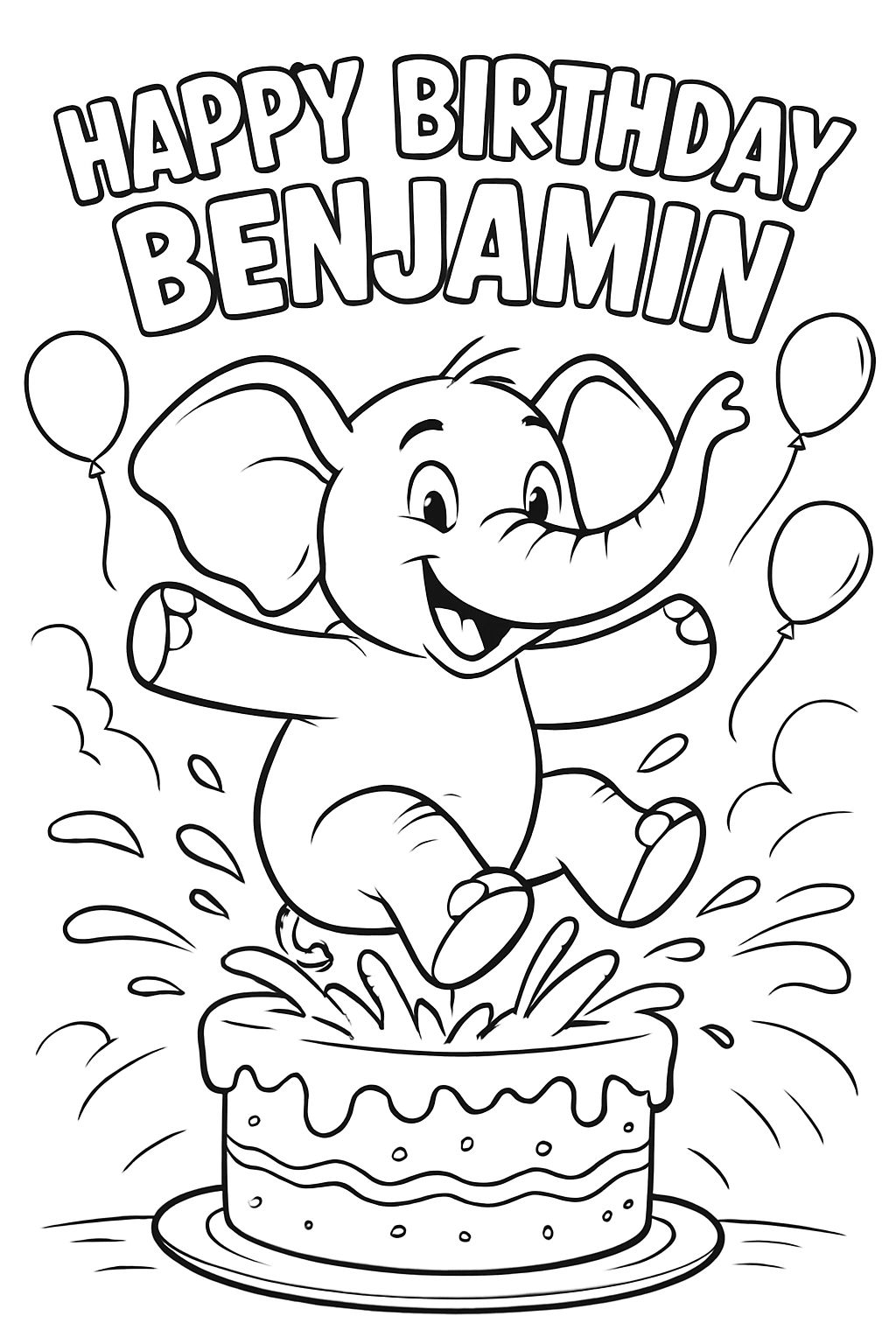 Elephant jumps into birthday cake. Above it says in bubble letters "Happy Birthday Benjamin" Elephant jumps into birthday cake. Above it says in bubble letters "Happy Birthday Benjamin"