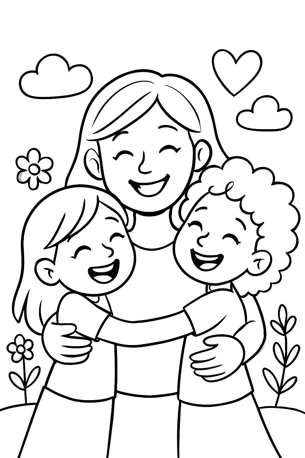 Best mom with two girls, one straight hair one curly hair hugging.