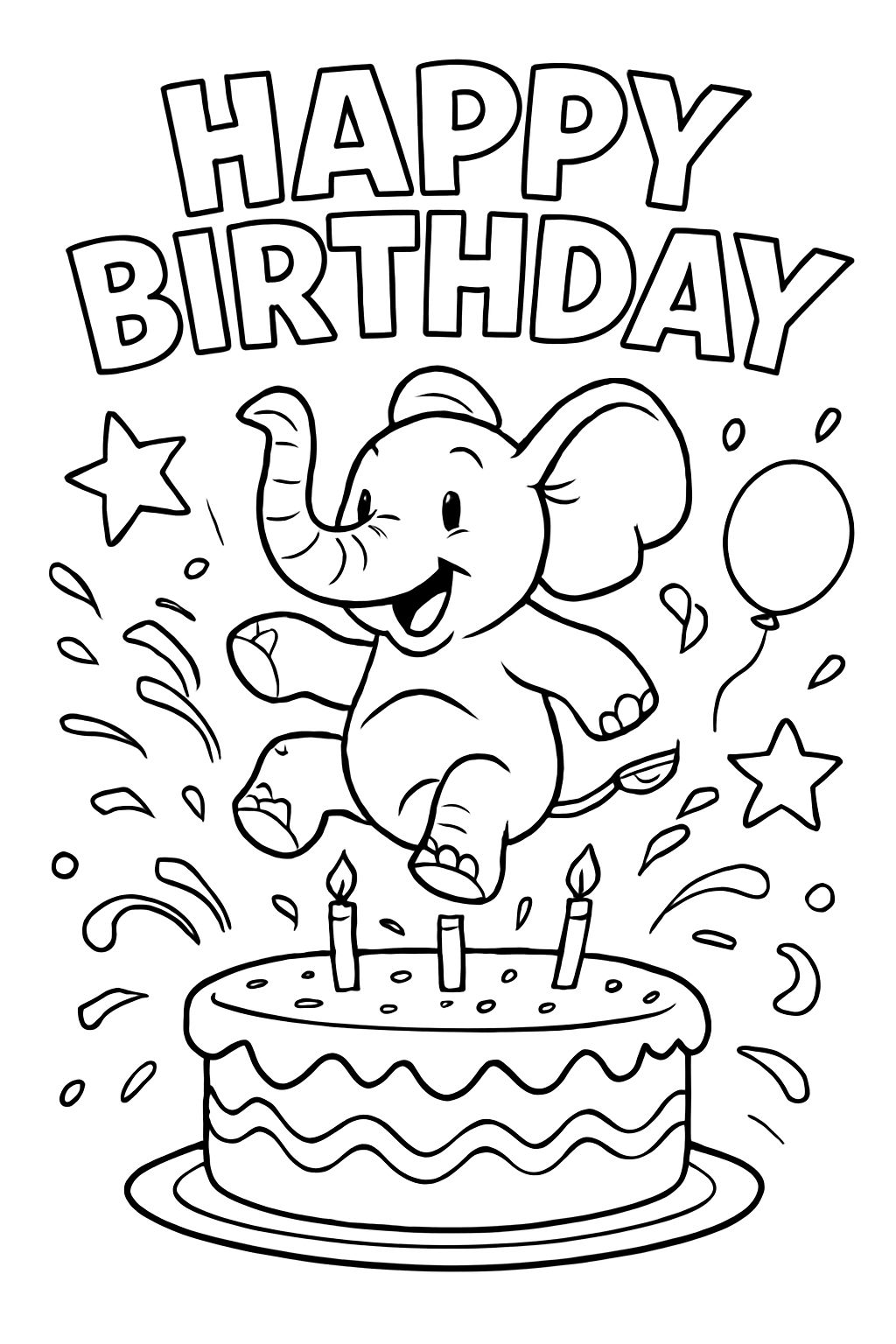 Elephant jumps into birthday cake. Above it is written in Hubble script 'Happy Birthday' Elephant jumps into birthday cake. Above it is written in Hubble script 'Happy Birthday'