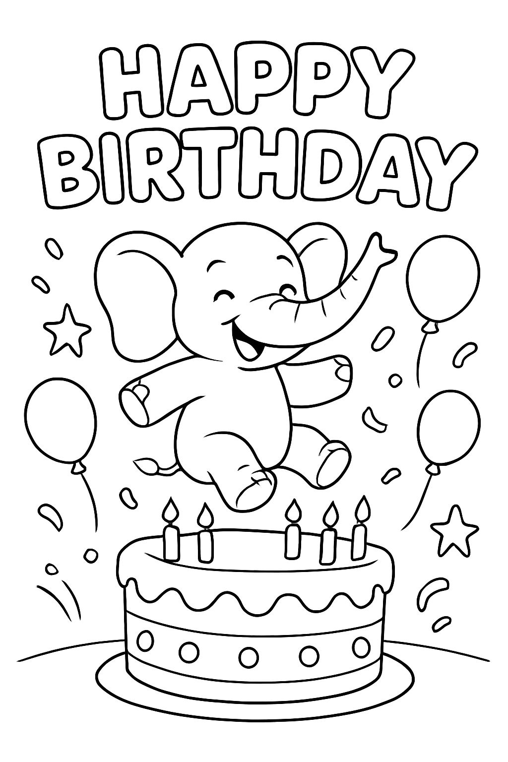 Elefante salta no bolo de aniversário. Acima está escrito em letras de bolha 'Feliz Aniversário' Elefante salta no bolo de aniversário. Acima está escrito em letras de bolha 'Feliz Aniversário'