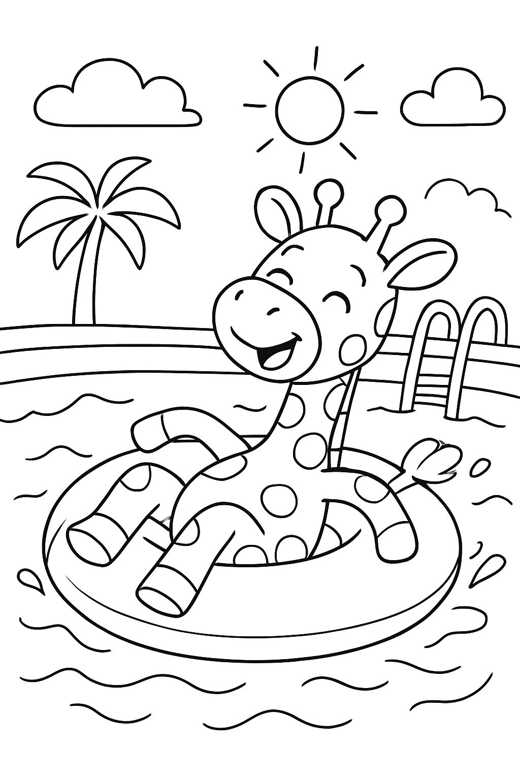 Giraffe chilling on floaty in swimming pool