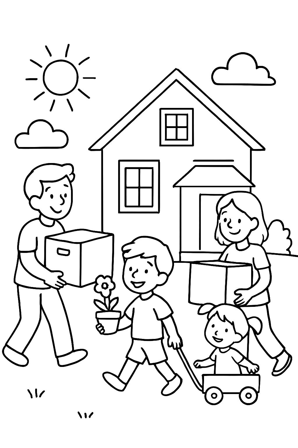 Uma família se mudando para uma nova casa.