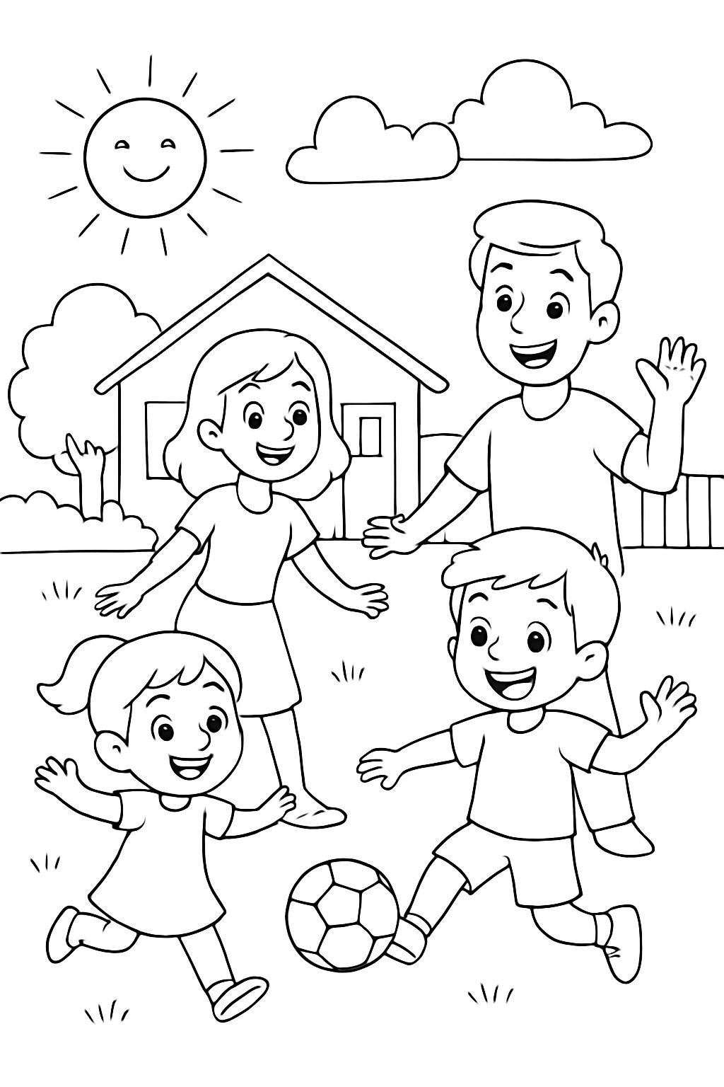 Una familia jugando en su jardín delantero