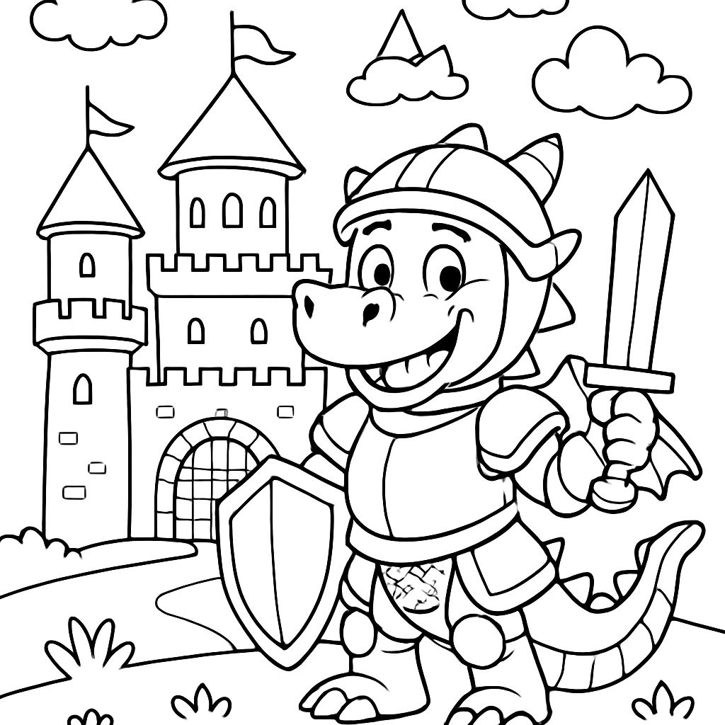 um dragão de armadura na frente de um grande castelo de cavaleiro um dragão de armadura na frente de um grande castelo de cavaleiro