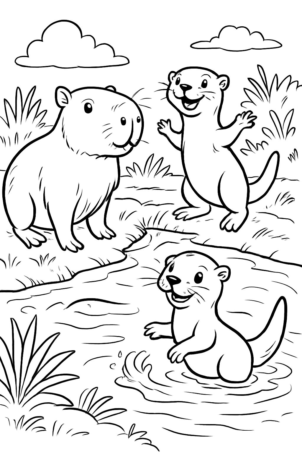 Jolis capybaras et loutres à côté d'un étang