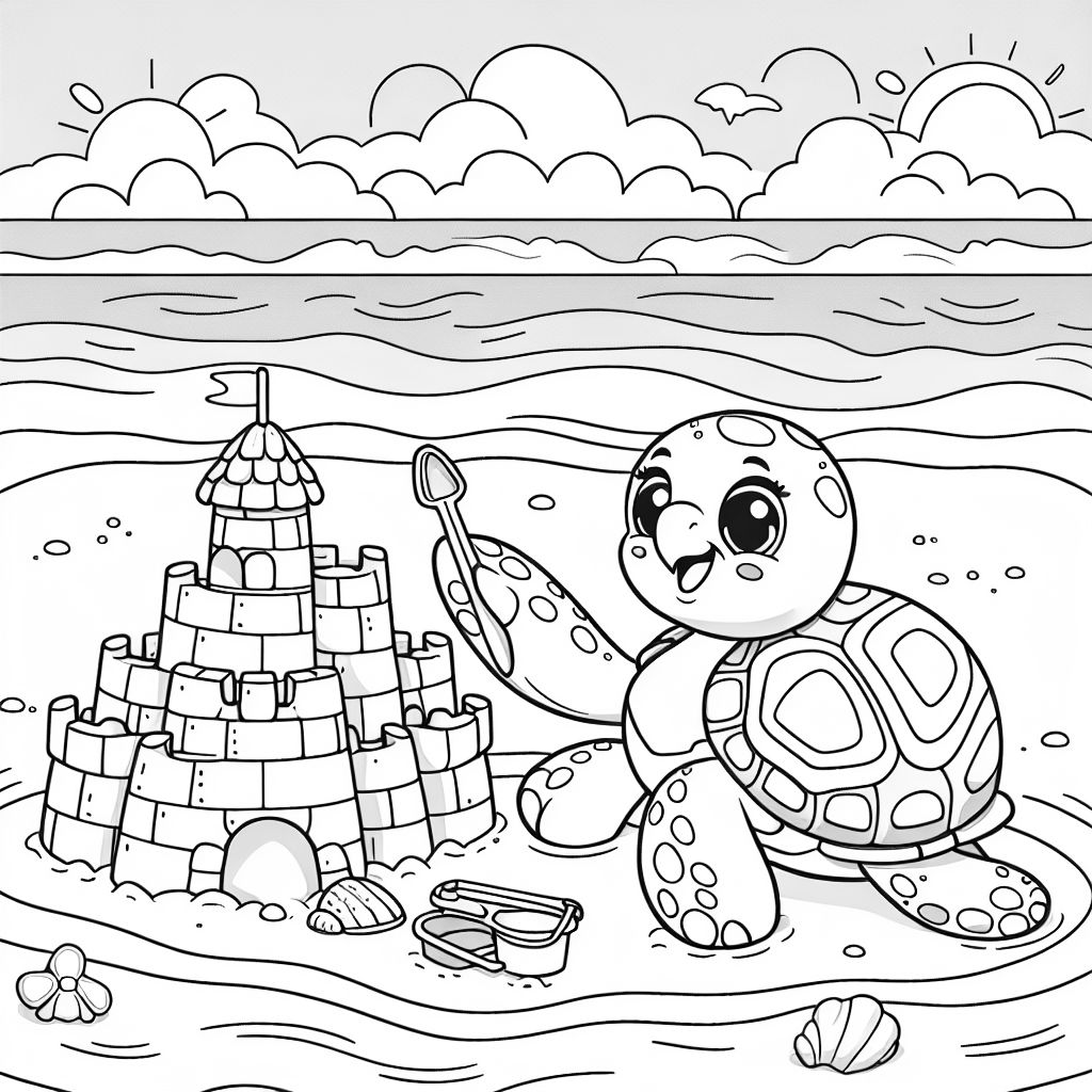 'sea turtle making a sandcastle' Coloring Page | bubbely