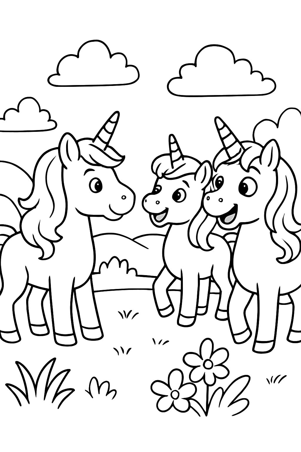 2 unicorns looking away from another unicorn