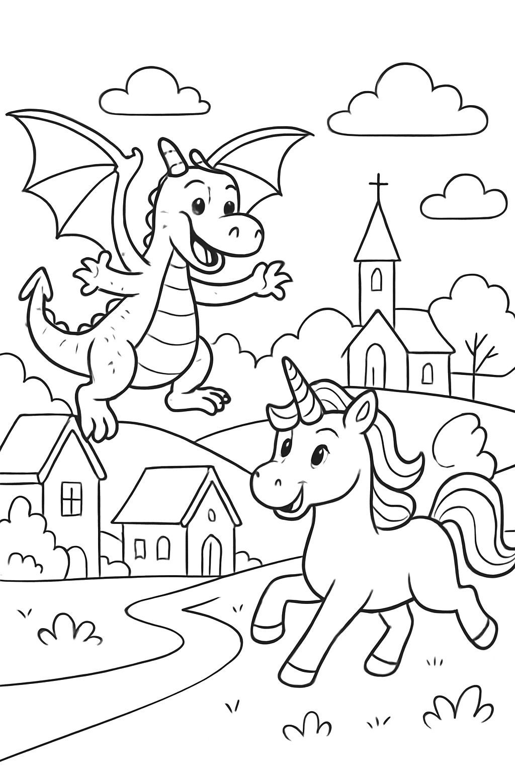 Dragon and unicorn landing in a village