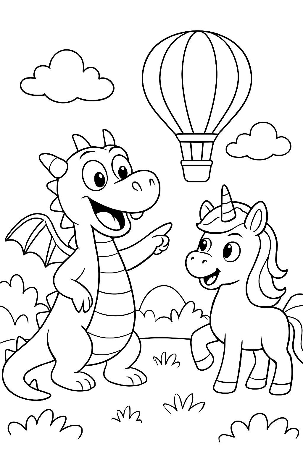 Dragon showing unicorn a hot air balloon. Dragon showing unicorn a hot air balloon.