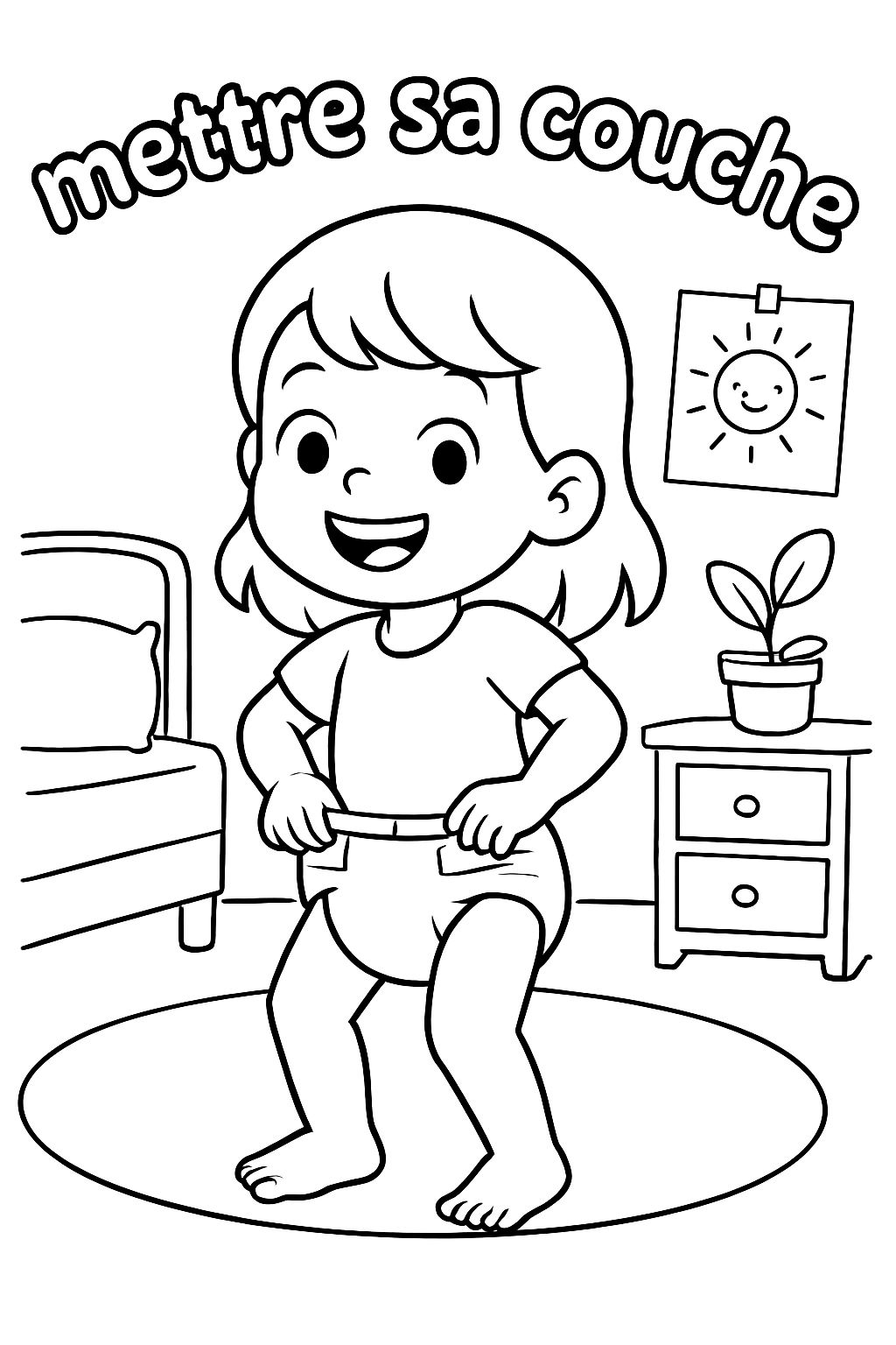 a girl putting on her diaper with the text 'put on your diaper'