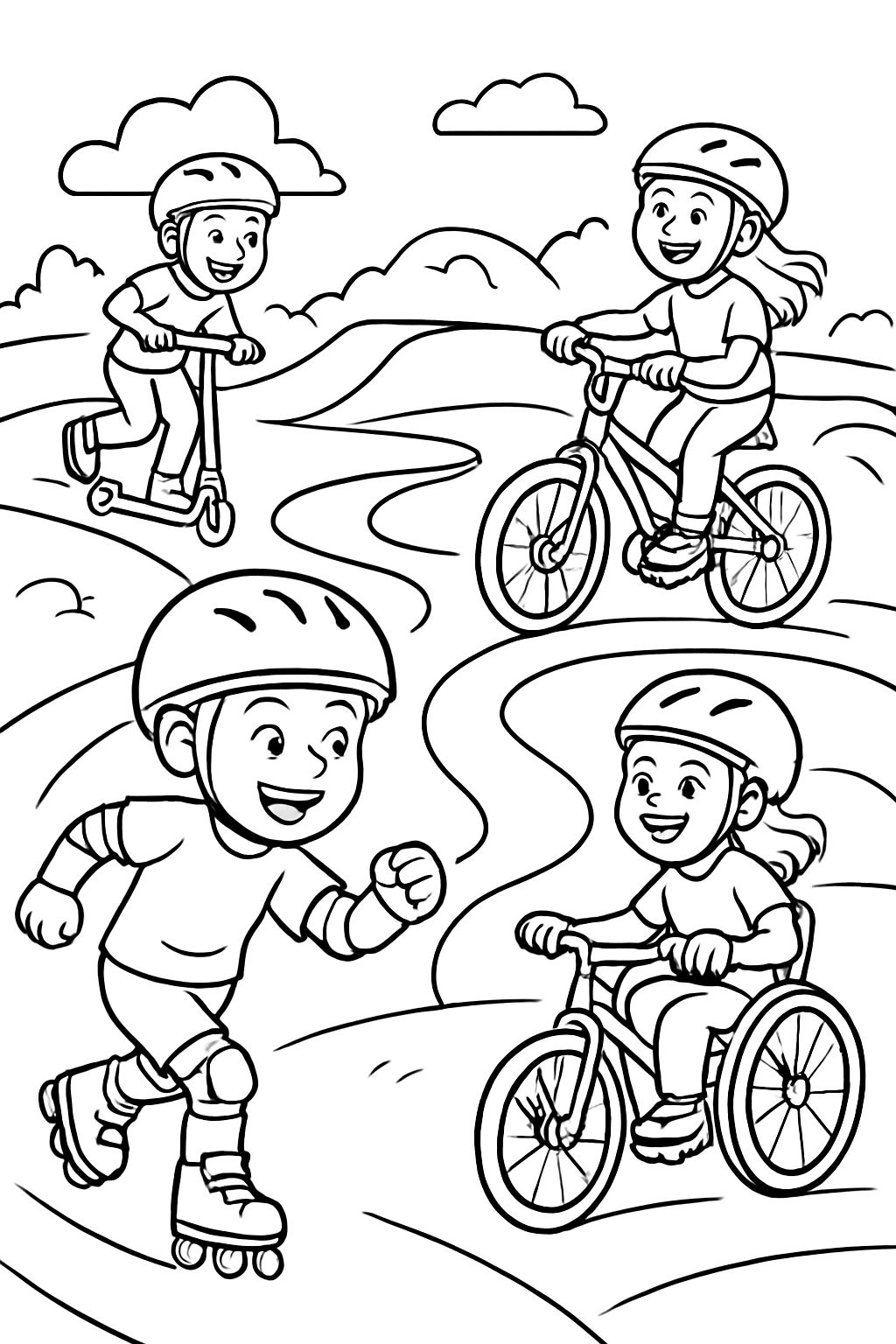 Kinder spielen auf einem Pumptrack und fahren mit Fahrrädern, Scootern, Skateboards und Rollstühlen. Kinder spielen auf einem Pumptrack und fahren mit Fahrrädern, Scootern, Skateboards und Rollstühlen.