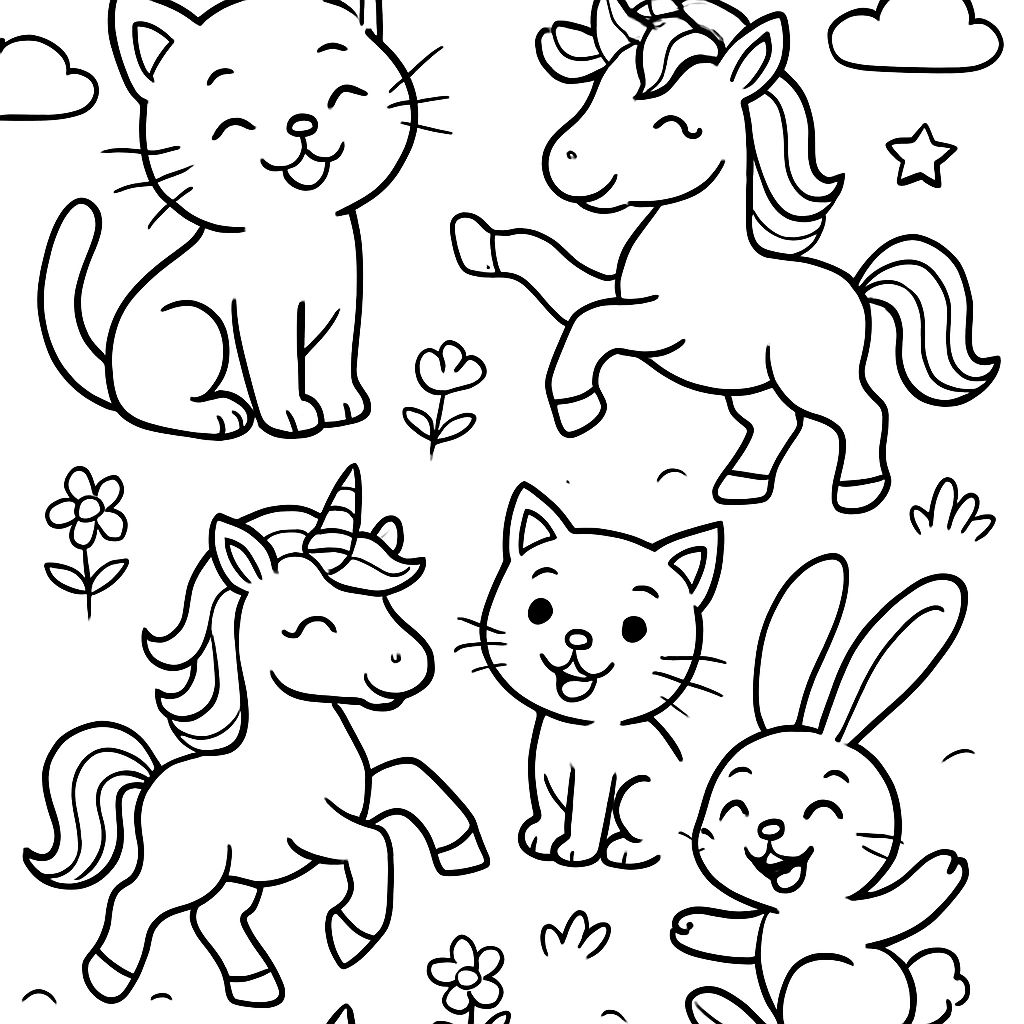 'two cats, two unicorns, and two rabbits' Coloring Page | bubbely