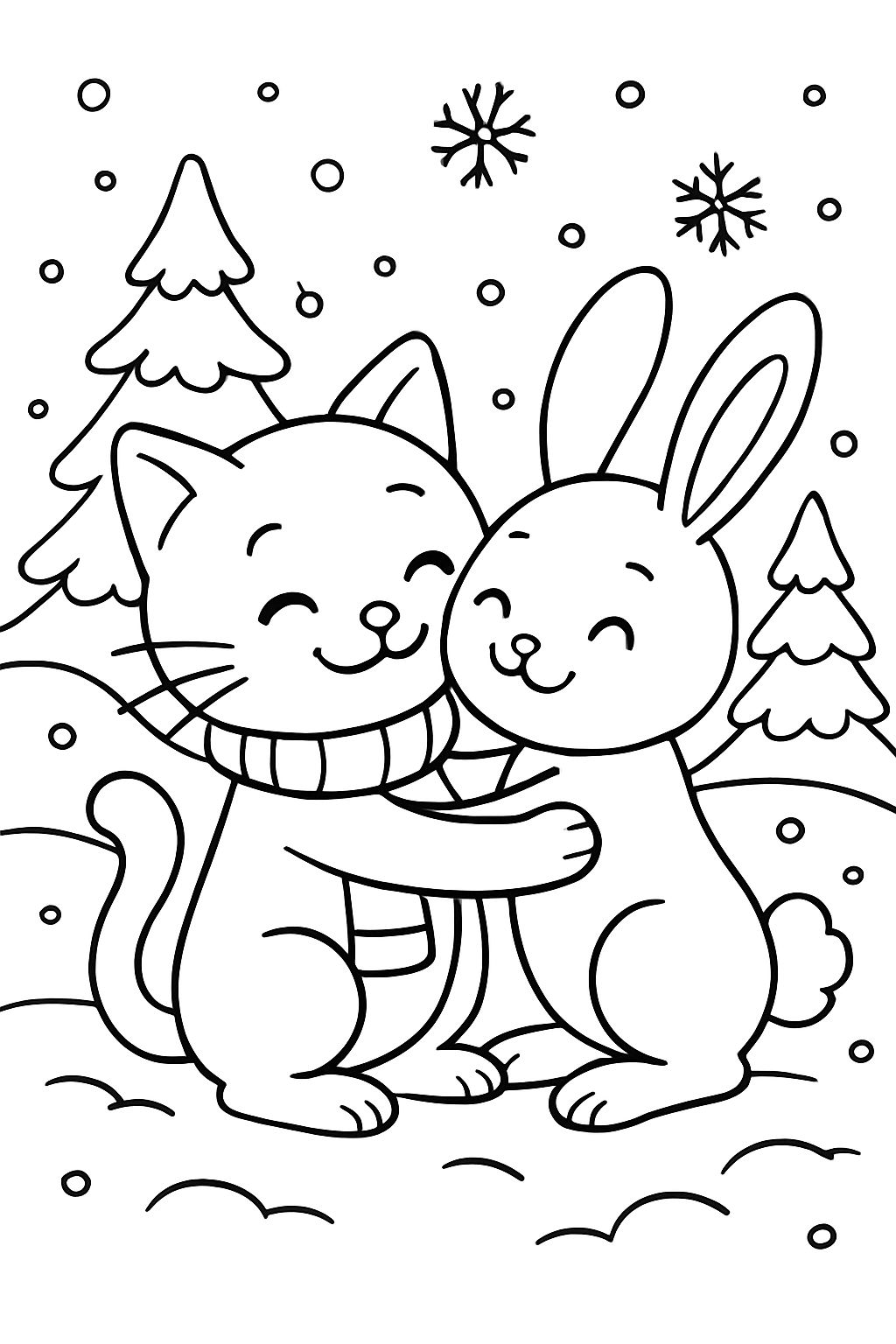 'a cat and a rabbit in winter, who like each other' Coloring Page | bubbely