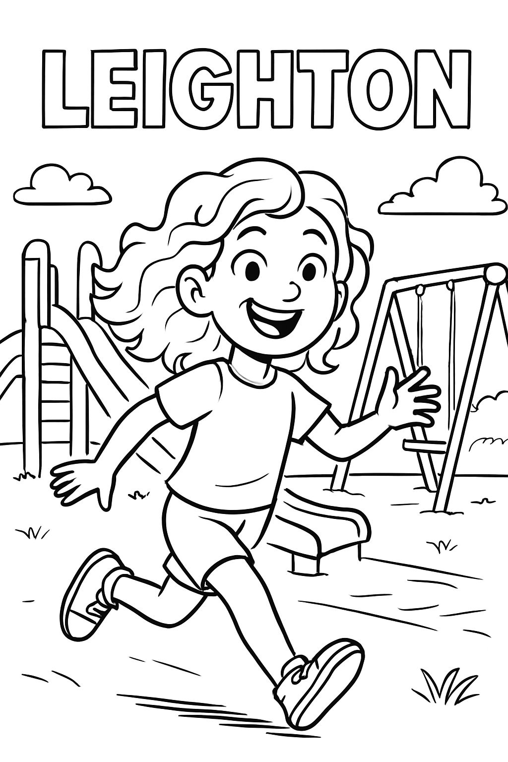 "Leighton" steht oben auf der Seite mit einem Mädchen mit lockigem Haar, das auf dem Spielplatz spielt.