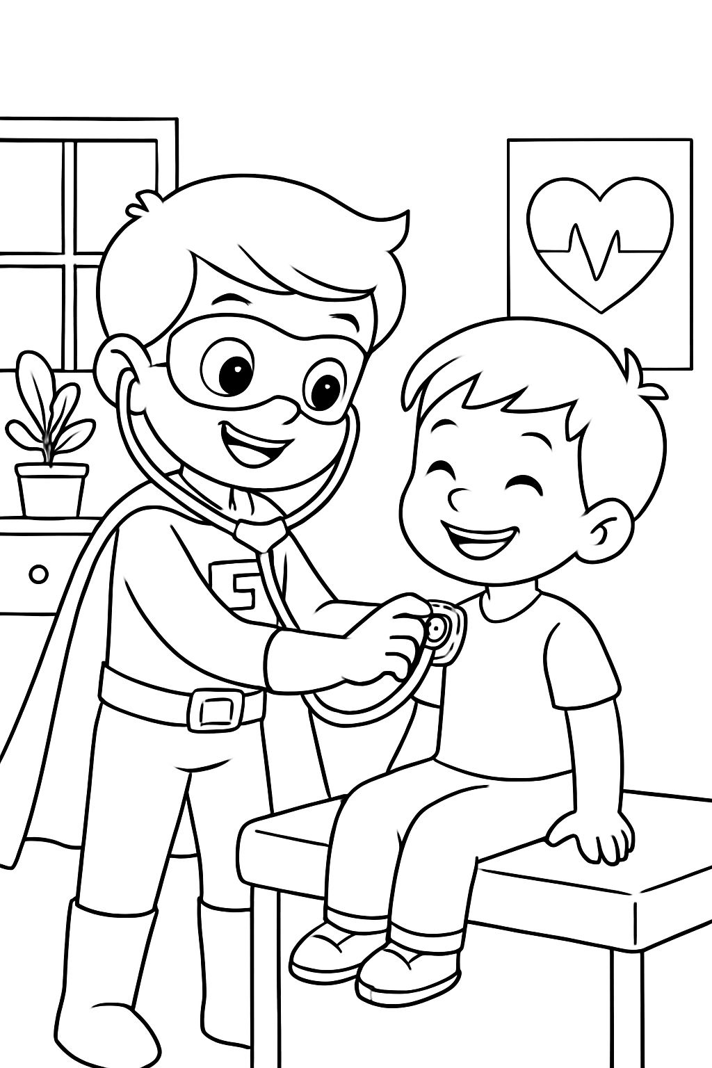 A superhero named Enzo who is auscultating his patient. A superhero named Enzo who is auscultating his patient.
